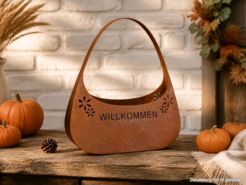 Pflanzkorb "Willkommen" Edelrost 33x37cm Blumen-Tasche