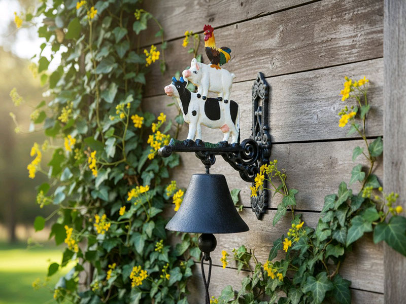 Kleine Wandglocke "Kuh - Schwein - Hahn" Gusseisen farbig lackiert