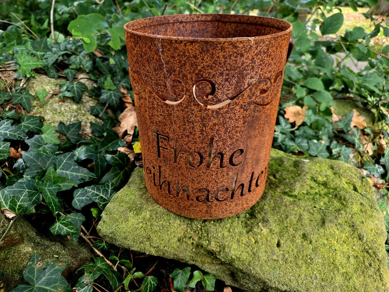 Edelrost Windlicht zum Hängen oder Stellen "Frohe Weihnachten" 20cm Leuchtfeuer