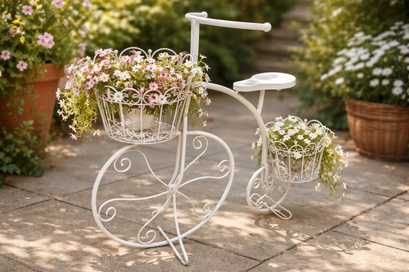 Weißes Blumen-Fahrrad mit zwei Körben zum Bepflanzen 74cm