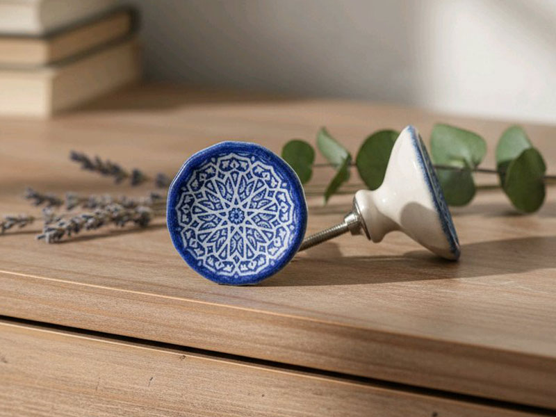 Nostalgischer Keramik Möbelknopf "cremeweiß-königsblau"