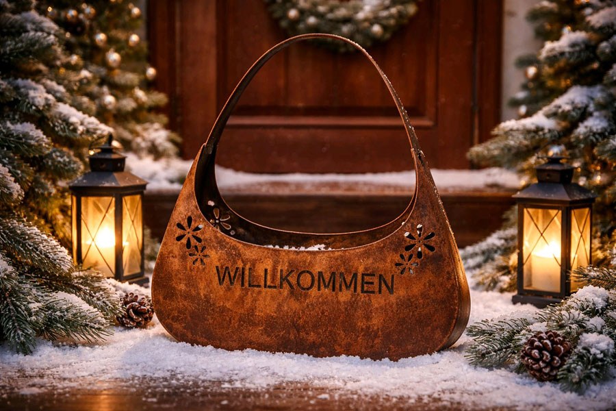 Pflanzkorb "Willkommen" Edelrost 33x37cm Blumen-Tasche