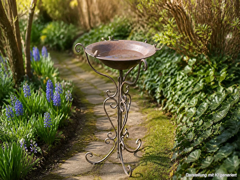Großes Vogelbad Stand-Vogeltränke "3 Vögelchen" 81cm hoch Aluminiumguss