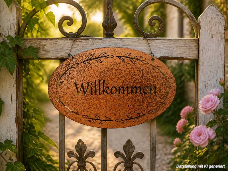 Ovales Edelrost-Schild "Willkommen" 18x11cm aus Metall