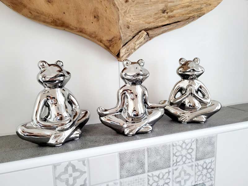 3er Set Yoga-Figuren "Frosch" Keramik silber verzinkt