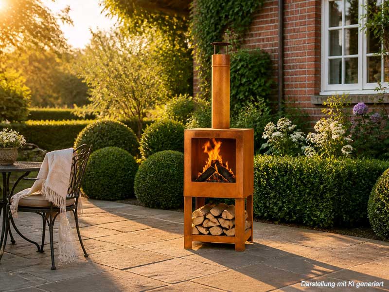 Terrassenofen mit Holzlager Edelrost 38x134cm Landhausstil