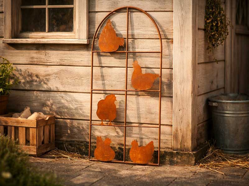 Deko Rahmen "Hühner" Edelrost 35x73cm Rankhilfe Hühnerstalldeko