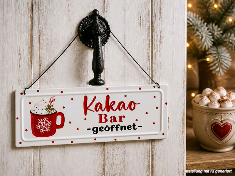 Weihnachtliches Hängeschild "Kakao Bar -geöffnet-" aus Metall 30cm breit