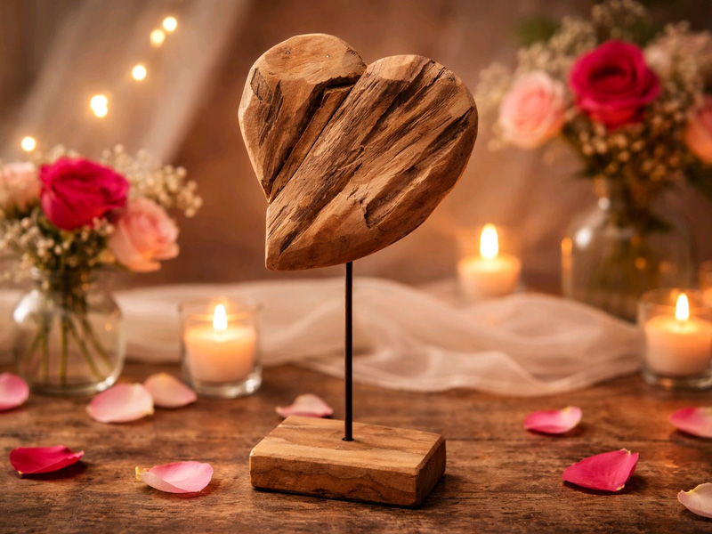 Handgefertigtes Teakholz Deko Herz 45cm auf Standfuß