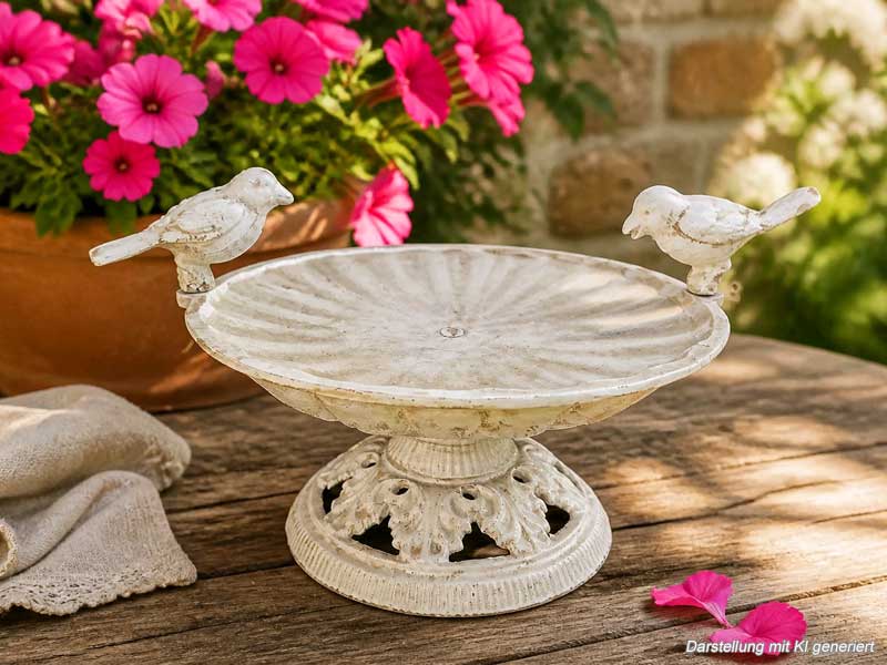 Schwere Shabby Chic Vogeltränke "2 Ziervögelchen" 2,2kg Gusseisen