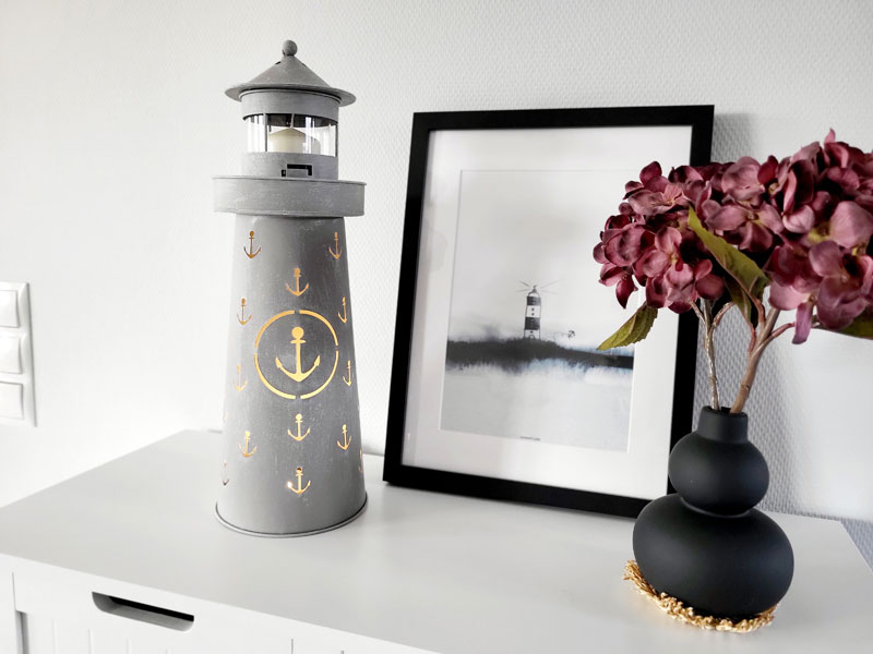 Deko Leuchtturm "Anker" mit Glaseinsatz 46cm grau lackiert
