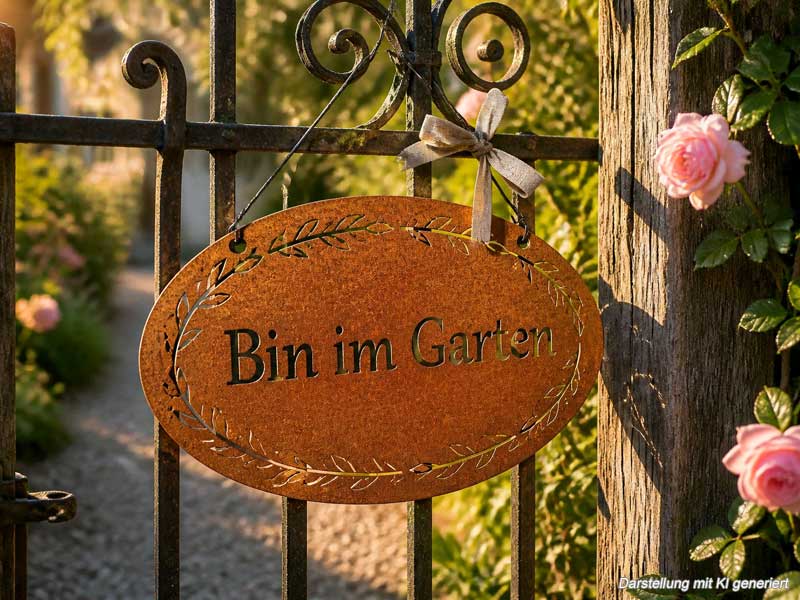 Ovales Edelrost-Schild "Bin im Garten" 18x11cm aus Metall