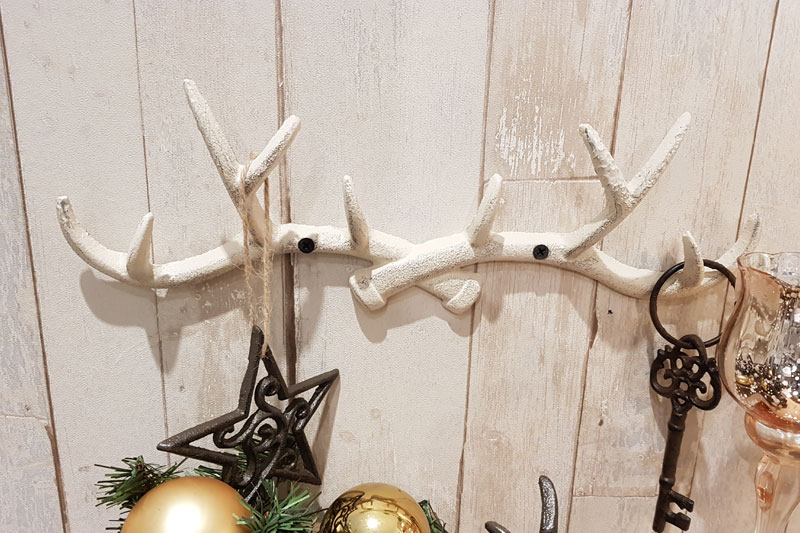 Großer Garderoben-Haken Hakenleiste "Geweih" weißes Gusseisen